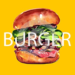 Big tasty hamburger with text, fresh burger, fast food concept, poster, card, banner design, watercolor illustration