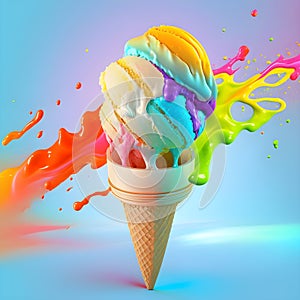 Big tasty juicy colored melted in hot tropical summer sunny day ice cream on bright background