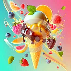 Big tasty juicy colored melted in hot tropical summer sunny day ice cream on bright background