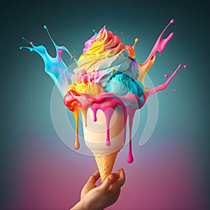 Big tasty juicy colored melted ice cream on bright background