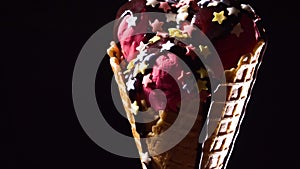 Big tasty strawberry ice cream with chocolate topping