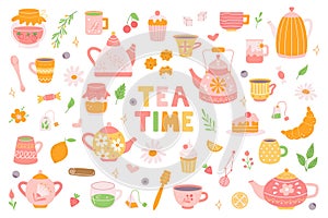 Big tea set. Teapots, cups with sweets, cookies. Breakfast, tea party. Vector flat illustration in hand drawn style on