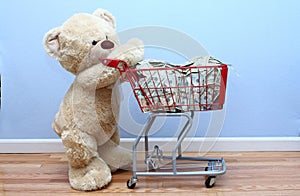 Big teddy bear pushing money in shopping cart photo