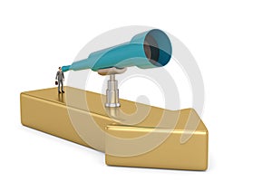 Big telescope and businessman on arrow. 3D illustration