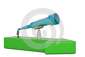 Big telescope and businessman on arrow. 3D illustration