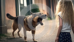 Big terrible stray dog barking and growls on little girl walking street, rabid dog attacks child