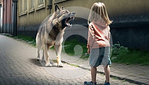Big terrible stray dog barking and growls on little girl walking street, rabid dog attacks child