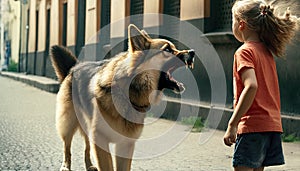 Big terrible stray dog barking and growls on little girl walking street, rabid dog attacks child