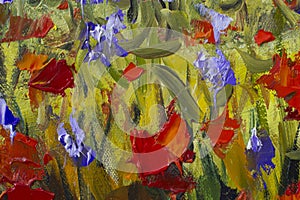 Big texture abstract flowers. Close up fragment of oil painting artistic flowers image. Palette knife flowers macro. Macro artist`