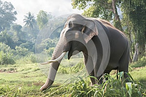 Big Thai elephant amidst verdant foliage, showcasing wildlife magnificence