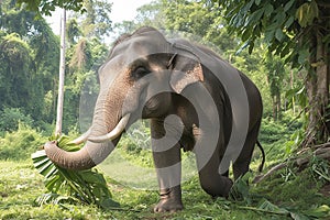 Big Thai elephant amidst verdant foliage, showcasing wildlife magnificence