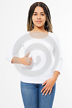 Big thumb up. Summer t shirt design and people concept close up of young afro american woman in blank template white t-shirt. Mock