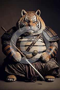 Big tiger in samurai armor with sword