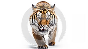 big tiger walking and baring teeth, front view, on white background