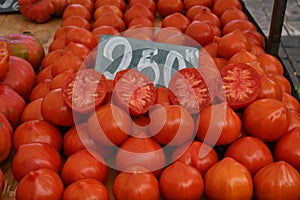 Big tomatoes for sale on market in Alcudia