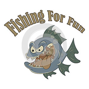 Big toothy fish. Vector banner on the theme of fishing with the inscription on a white isolated background