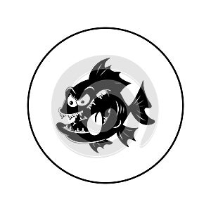 Big toothy fish. Vector illustration in the form of a round black and white icon for websites