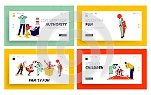 Big Top Circus Clowns and Spoiled Child Landing Page Template Set. Funny Carnival Funsters Characters