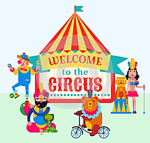 Big top circus and performers vector illustration. Trainer assistant, clown, wild animals bear by bicycle, tiger, snake