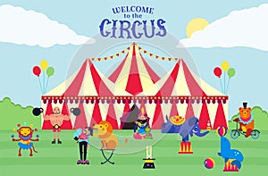 Big top circus and performers vector illustration. Trainers, athlete, wild animals monkey, bear, elephant, hare and lion