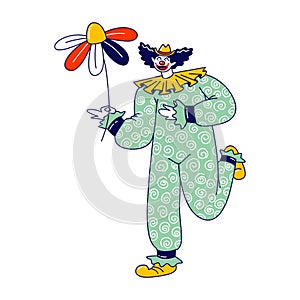 Big Top Clown Character with Huge Flower. Jester Performer, Circus Show Entertainer in Funny Costume