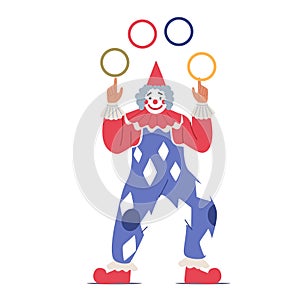 Big Top Tent Circus Clown Juggler. Isolated Artist Character Dressed in Stage Costume on Arena Throwing Rings. Funnyman