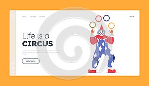 Big Top Tent Circus Clown Juggler Landing Page Template. Artist Character Dressed in Stage Costume on Arena Throw Rings