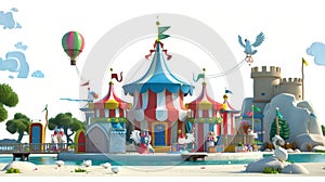 Big top tent and circus stuff, aerial gymnast girl on hoop, castle building, air balloon and white dove, amusement park