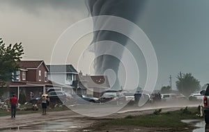 A big tornado is approaching a small town in the United States.