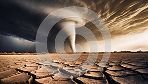 Big tornado storm above the desolate land. Dry cracked ground field and weather disasters caused by the global climate change.