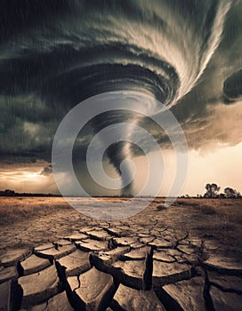 Big tornado storm above the desolate land. Dry cracked ground field and weather disasters caused by the global climate change.