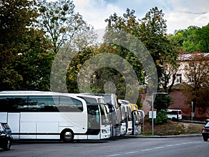 Big tour buses in the parking lot