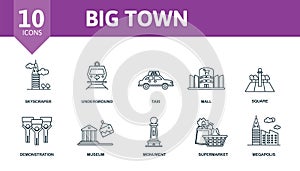 Big Town set icon. Editable icons big town theme such as skyscraper, taxi, square and more.