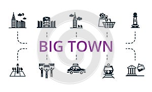 Big Town set icon. Editable icons big town theme such as skyscraper, taxi, square and more.