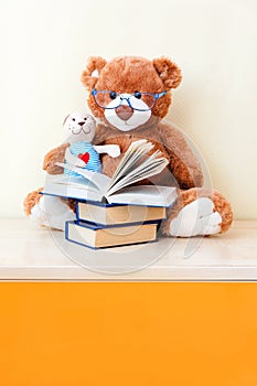 Big toy bear reading an book for smol toy teddy bear, showing that even read toys. the concept of baby learning