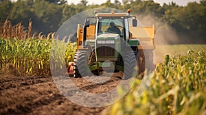 a big tractor in corn field