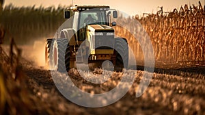 a big tractor in corn field