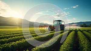 A Big Tractor Spraying Pesticides on Green Soybean Plantation