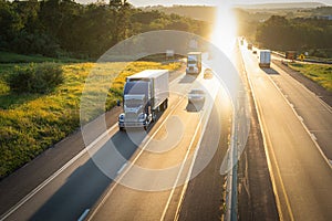 Big tractor trailer 18 wheeler truck on multi lane highway