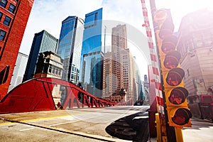 Big traffic light on bridge over river of Chicago