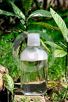 A big transparent bottle container for liquids in the natural environment