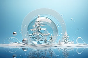 Big transparent bouble with white Christmas tree on blue background. Generative AI