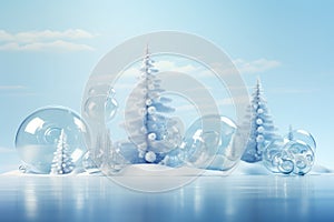 Big transparent bouble with white Christmas tree on blue background. Generative AI