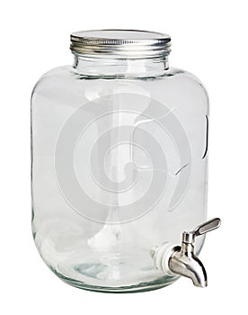 Big transparent glass jar with tap for refreshing summer drinks isolated on white