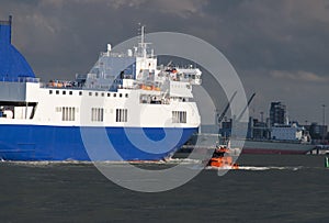 Big transport ship in port