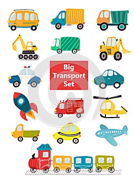 Big transportation set. Bright collection of cars and trucks in simple flat style. Cute transport vehicles for prints, decorations