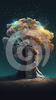 Big tree with entrance multicolored space fortext. AI Generative