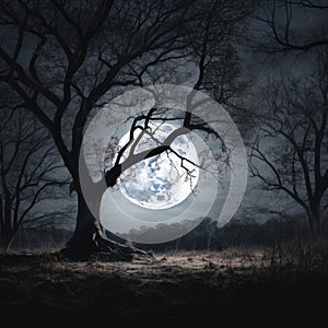 a big tree with full moon night view generative AI