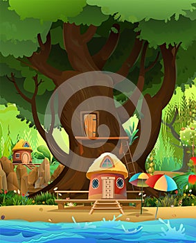 Big tree house. Old oak with door and stairs. Room inside tree. Bungalow by water. Waves of sea or river. Nice fun