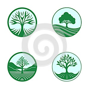 Big tree logo set. Flat Simple green shapes silhouette symbol eco wealth concept. Nature growing farm eco family vector